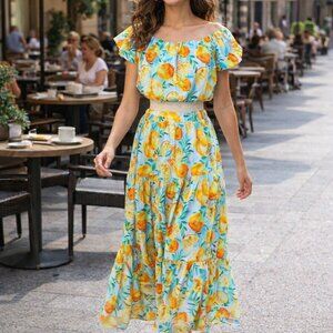 Lumiere Top And Skirt - Vibrant Blue and Orange Frutal M